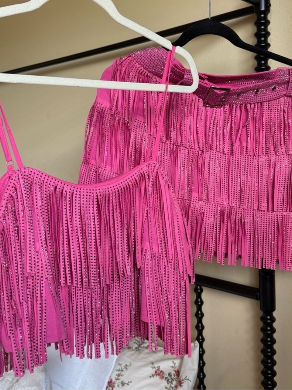 Nylon Apparel Pink rhinestone Fringe Skort Set Cropped Tank + Mini Skirt Small - Picture 11 of 14